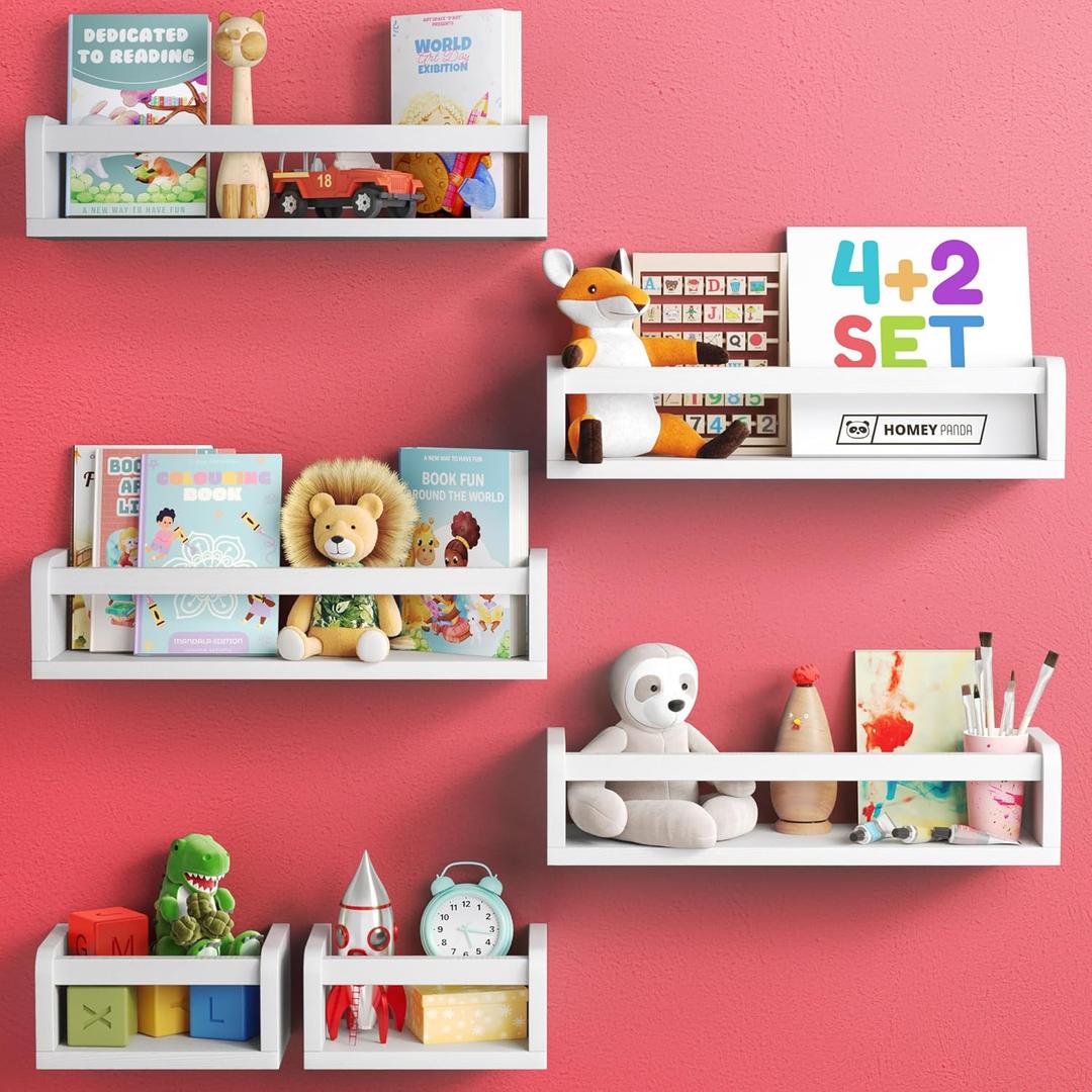 HOMEY PANDA Wall-Mounted Nursery Bookshelves - 4 Long + 2 Mini Shelves, Kids Room Storage (White Pine Wood)