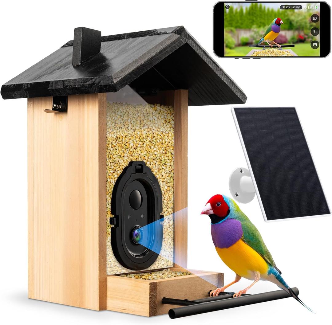 Geeni BirdConnect FeatherCam  Smart Bird Feeder with Camera, AI Bird Identification, Auto Capture, Motion Detection, 1080p HD, Night Vision, Wireless & Solar-Powered