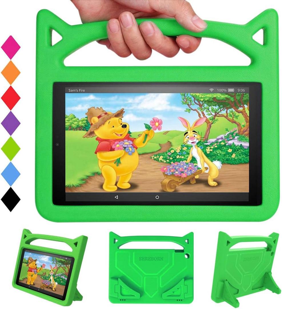 2019 10 Tablet Case(9th/7th/5th Generation,2019/2017/2015 Release) Incompatible with Nokia Sony 10in Tablet-SHREBORN Lightweight Shockproof Case with Cute Cat Handle Stand-Green