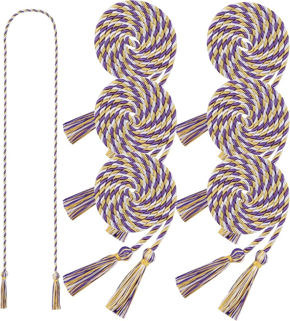 6 Pieces Graduation Honor Cords 68" Grad Braided Honor Cord with Tassel Honor Rope Grad Cords for Graduation Students Bachelor Master Doctoral Gown Grad Decor (Purple White and Gold)