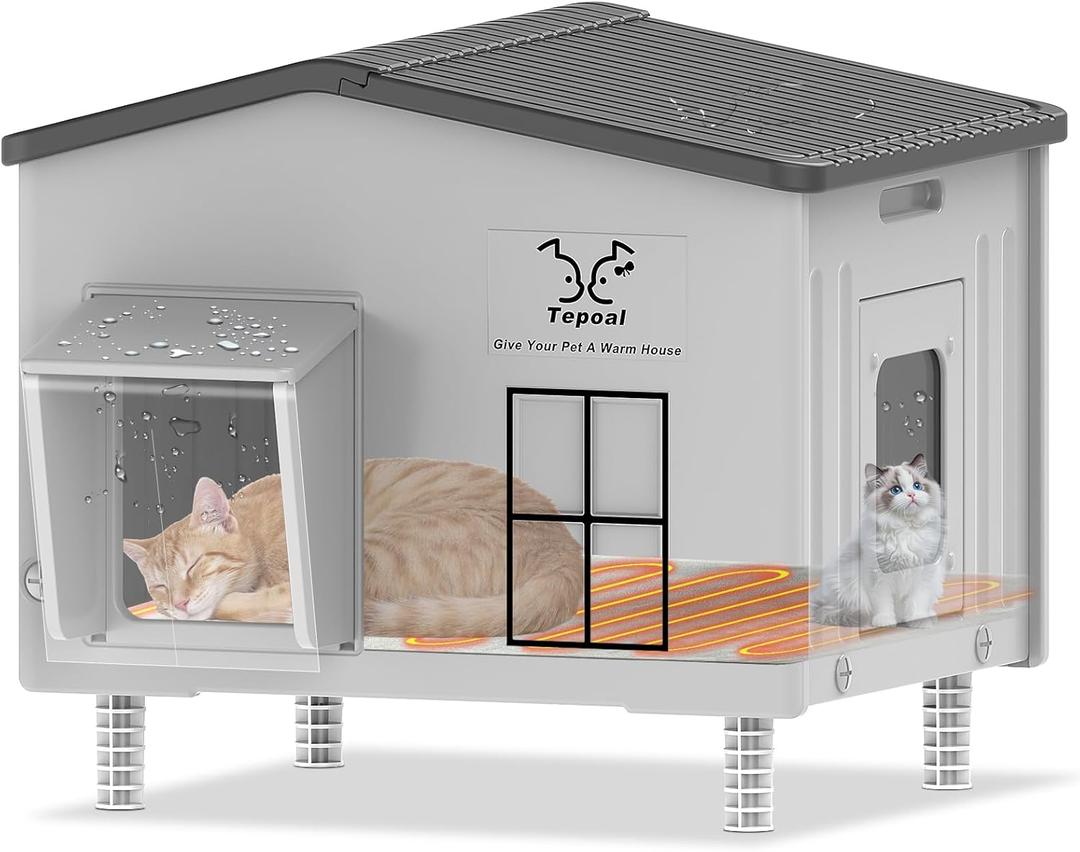 21.6"x17"x19.7" Large Plastic Heated Cat House for Outside in Winter, 100% Weatherproof & Insulated Outdoor Heated Cat House with Safe Escape Door, Elevated Feral Cats Shelter for Barn Cats