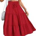 MSLG Women's High Elastic Waist Midi Skirt Casual Summer Trendy Tie Front Flowy Ruffle Floral Print A line Skirts 626 (Red, L)