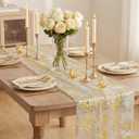 Artoid Mode 3PCS Beige Gold Dahlia Flower Gauze Table Runner 120 Inch 10FT, Glitter Metallic Foil Seasonal Sheer Dining Holiday Table Decor for Home Party