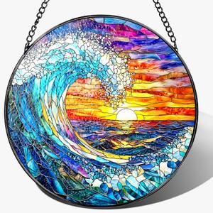 Stained Glass Window Hanging, Pauyadu 8 Inch Sea Waves Stained Glass Suncatcher, Sunset on The Beach Window Decor, Gift for Beach Lovers, Natural Gifts, Christmas, Mother's Day, Housewarming Gifts