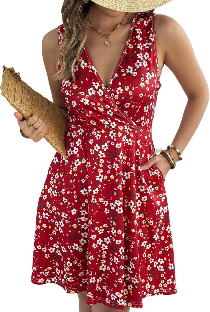 Casual Sleeveless Summer Dresses for Women | Floral Sundress, Wrap V-Neck, Elastic Waist with Pockets, Fit and Flare A-Line Design for Vacation, Beach, Casual Wear (S)