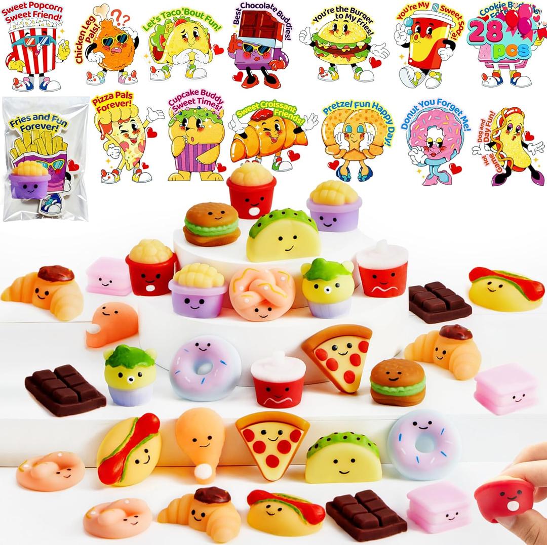 JOYIN 28 Packs Valentines Day Mochi Squishy Toy Gift Cards for Kids, 14 Designs Kawaii Desserts Mochi to Squeeze with Card, Stress Relief Fidget Toy for Kids Classroom Exchange Prizes Party Favor