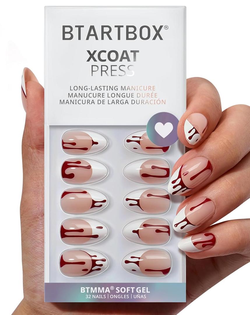 BTArtbox French Tips Press On Nails - Blood Drip, Bloody Short Almond Halloween Press On Nails with Glue for Women, Soft Gel Glue On Nails in 16 Sizes - 32 Stick On Nails Kit