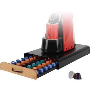 Flagship Coffee Pod Holder for Nespresso Originalline Capsule Holder Drawer Pod Storage Drawer 60 Capacity, Black Metal & Bamboo Coffee Drawer