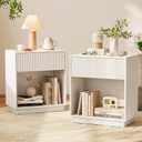 Fluted Nightstands Set of 2, Modern Bedside Table with Drawer and Storage Shelf, Wood End Table Mid Century Night Stands for Bedroom Living Room Sofa Couch Office (White)