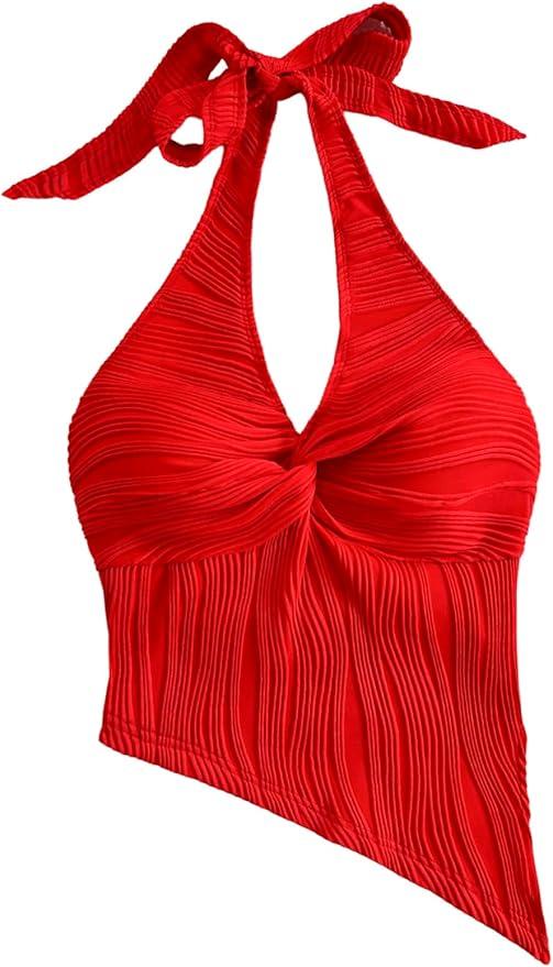 SOLY HUX Women's Ruched Asymmetrical Neck Tank top Tie Shoulder Sleeveless Going Out Tops Red Small