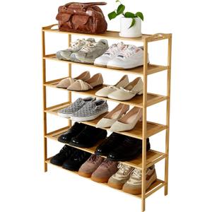 6 Tier Bamboo Shoe Rack for Closet, Free Standing Shoe Racks, Stackable Shoes Rack Organizer, Bamboo Wood Shoe Rack for Entryway and Closet Hallway (27.5" x 9.25" x 40.3")
