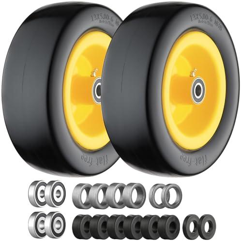 13x5.00-6 Flat Free Tire and Wheel Zero Turn Mower Front Tires with 3/4", 5/8" and 1/2" Bearings, 4.2"-7.3" Centered Hub, Compatible with Lawn Mower Garden Tractor by Cubesprings - 2Pack