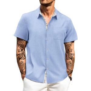 HUNGSON Men's Button Down Shirts Short Sleeve Casual Shirts Summer Beach with Pocket (X-Large, Blue2025)