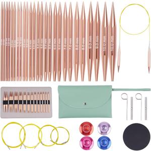 40pcs Interchangeable Circular Knitting Needles Set with 13 Pairs Aluminum Circular Knitting Needle Set 3 mm to 10 mm,Lightweight and Durable for Handmade DIY Knitting with Knitting Accessories (Rose Gold)