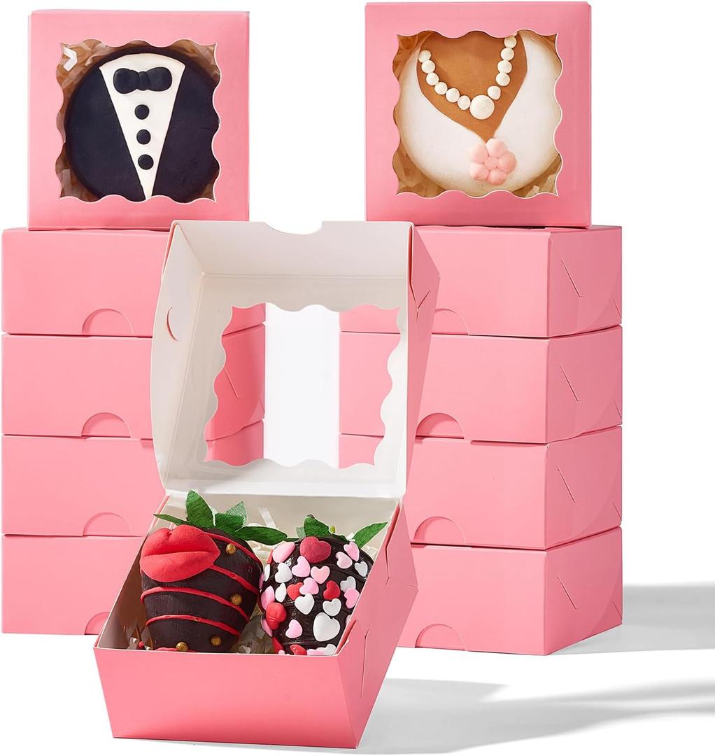 3.2x3.2x1.5 Inches 50PCS Mini Bakery Boxes with Window for Cookies, Soap, Chocolate Truffle, Donut, Macaron(Pink)