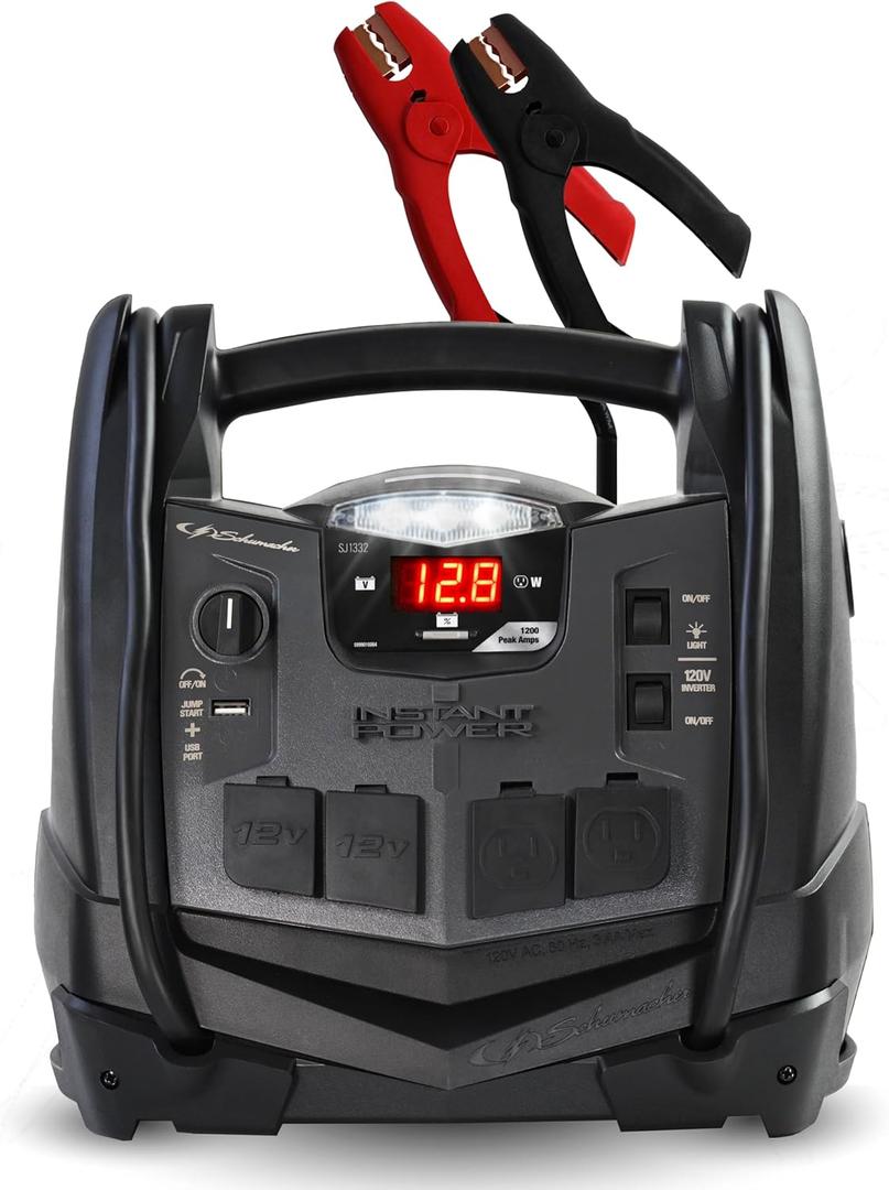 Schumacher Electric Jump Starter and Portable Power Station, SJ1332, 6-in-1, 1200 Peak Amps, 12 Volts, 150-PSI Air Compressor, 200 Continuous Watt Power Inverter, 5 Outlets - DC, AC and USB