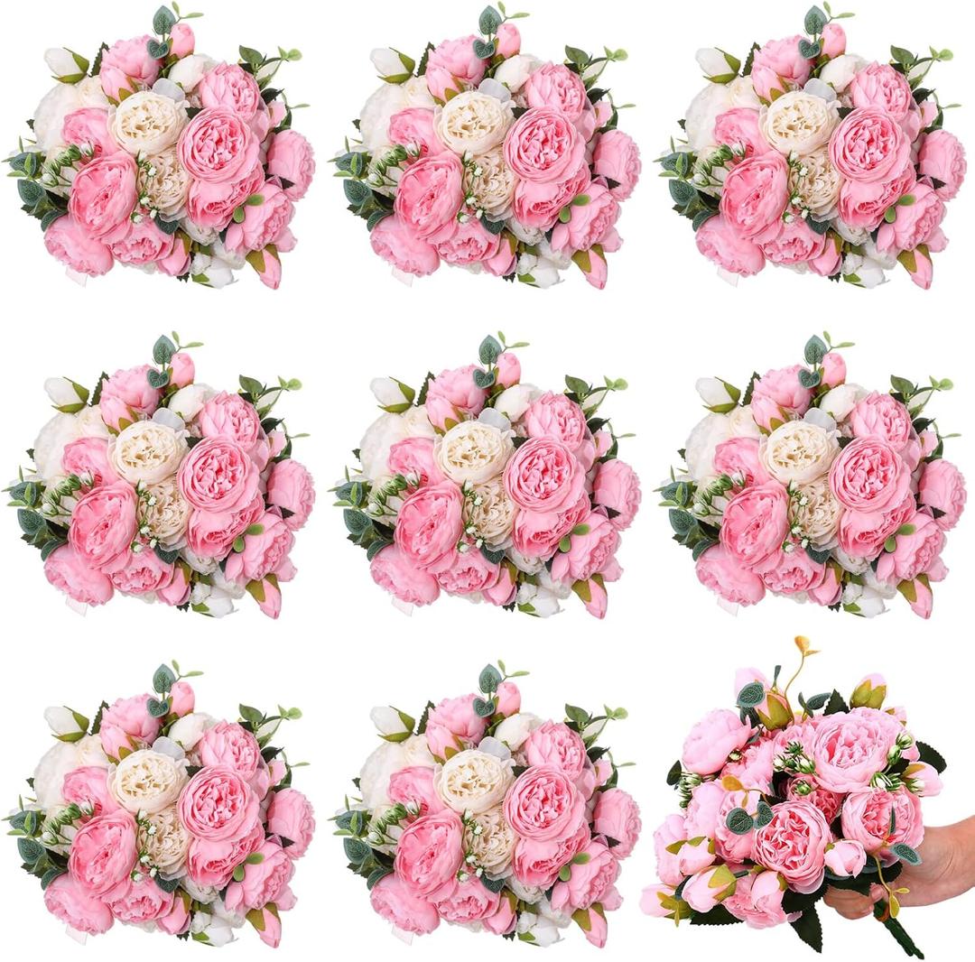 Hoteam 24 Bundles Artificial Peonies Flowers Wedding Faux Flowers Silk Peony Bouquet Bulk Bride Fake Florals Arrangements for Table Centerpieces Wedding Party Vase Decor (Light Pink, White)