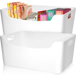 FINESSY White Plastic Storage Bins for Shelves, Small Closet Kitchen Storage Containers for Pantry Bathroom Office Organization Baskets, Cabinet Organizing Containers, White Organizer Bins for Shelves