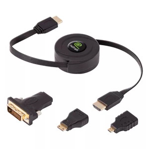 ReTrak® Retractable Standard HDMI® Cable with Mini, Micro, and DVI Adapters, 5 Ft. in Black