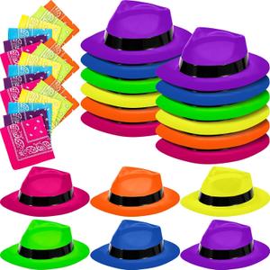 Hercicy 36 Pcs 18 Set Western Cowboy Hat and Paisley Bandana for Women Men Neon Sparkly Mafia Party Decor Adult Colorful Gangster Hats for Cosplay Music Disco 80's Party Props Favors