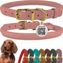 BronzeDog Rolled Leather Dog Collar with QR ID Tag, Adjustable Soft Round Collars for Small Medium Large Dogs Puppy (11" - 14 1/2" Neck Size, Blush)