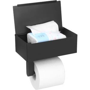 Toilet Paper Holder with Shelf, Wall Mount Wipes Dispenser & Storage for Bathroom, Keep Wet Wipes Hidden, Stainless Steel Bathroom Organizer Black Update Larger