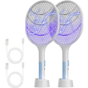 Bug Zapper 2 Pack, VANELC Electric Fly Swatter Racket Fly Zapper, 3000 Volt USB Rechargeable Fly Trap Mosquito Zapper Pest Insects Control for Home, Kitchen, Office, Outdoor (White)