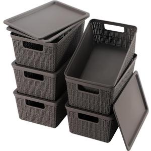 6 Pack Plastic Storage Baskets With Lids,Grey Breathable Stackable Storage Bins,Small Storage Containers,for Organizing Storage Baskets on Desktops,Closets,Playrooms,Classrooms,Offices