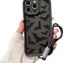 Aesthetic Black Bat Phone Case Compatible for iPhone 14 Pro Case, with Adjustable Anti-Drop Wrist Strap - Full-Body Shockproof Protection, Raised Camera & Edge Guards