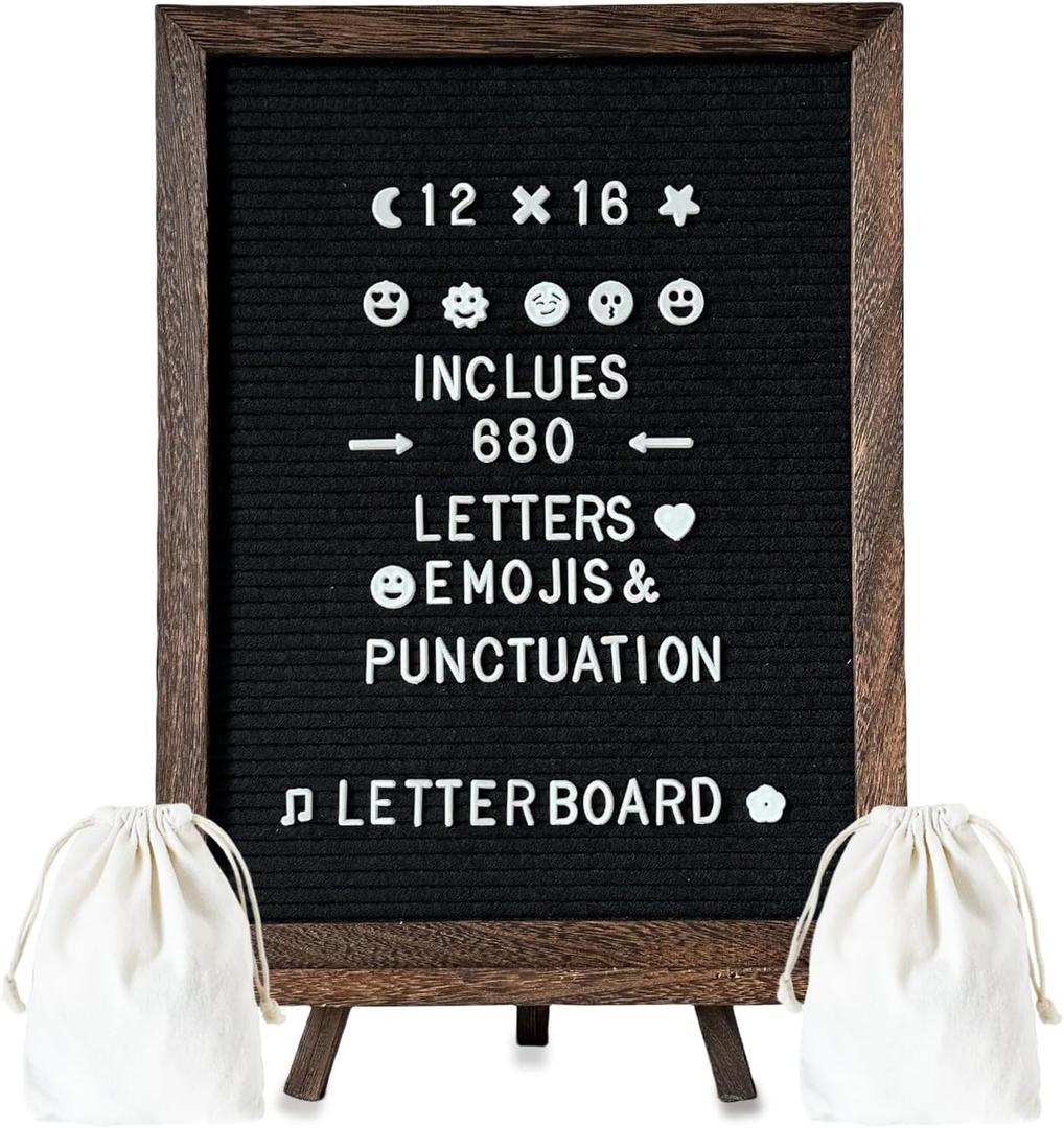 Felt Letter Board 12x16"  680 Letters, Numbers & Symbols, Wall Mount or Stand Display, Changeable Message Board for Quotes & Notes, Home/School/Office/Hotel/Restaurant/ Coffee Shop, 2 Storage Bags, Dark Brown Wood Frame
