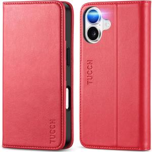 TUCCH Case Wallet for iPhone 17 Pro (6.3") 2025, RFID Blocking, 3 Card Holders, Kickstand, PU Leather, Protective Flip Folio Cover, TPU Shockproof Interior Shell, Bright Red