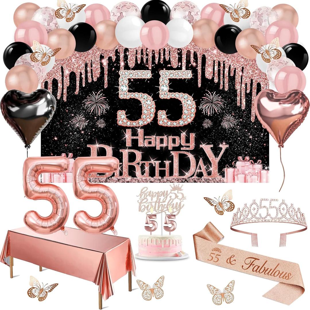 55th Birthday Decorations for Women, 49pcs Black Rose Gold Black Happy 55th Birthday Banner, Tablecloth, Butterfly Decor, Sash and Tiara, Cake Topper, Candles, Balloons Arch