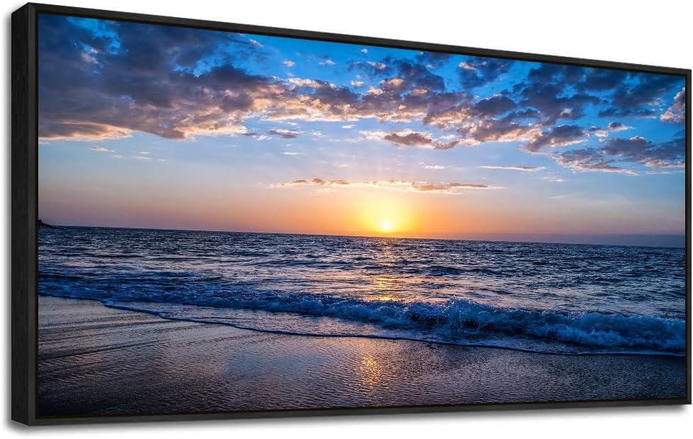 Blue Ocean Framed Wall Decor Living Room Large Size Canvas Wall Art For Bedroom Boho Home Decor Sea Beach Canvas Pictures Artwork Sunny Sea View Painting Office Wall Decorations Black Framed 24" X 48"