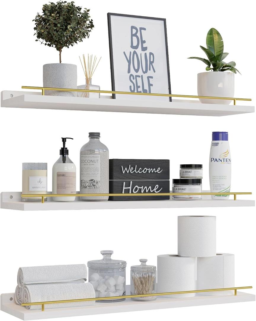 WOPITUES Floating Shelves 24 inch with Gold Metal Guardrail, Shelves for Wall Decor Set of 3, Wall Shelves for Bedroom, Bathroom, Kitchen, Living Room, Plants, Picture Frames, Art- White and Gold, 23.6 inch