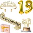 19th Birthday Decorations for Girls Gold with 19th Birthday Tiara and Sash, Cake Topper and Candles, Number Balloons, 19 Year Old Gifts for Girls