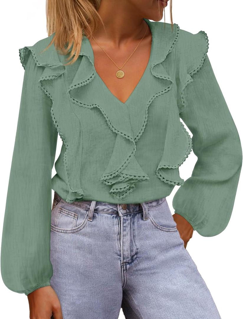MEROKEETY Womens Spring Summer Long Sleeve Ruffle Blouse 2026 Dressy Casual Top V Neck Trendy Work Business Work Shirts (Green, S)