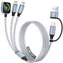 Travel Essentials 3 in 2 Charging Cable for Phone Watch Charger, USB A/USB C Multi Charging Cable/Cord for All Devices Compatible for iWatch Ultra/SE/11-2, iPhone17 15 14, Android, More - 5FT