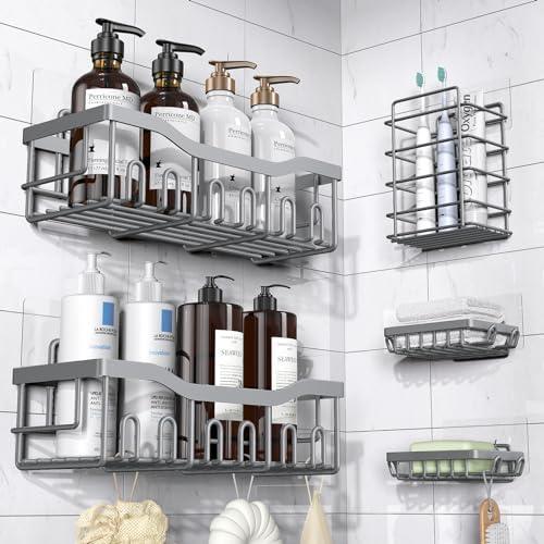 EUDELE 5-Pack Rustproof Stainless Steel Shower Caddy – No Drill Adhesive Bathroom Organizer with Large Capacity, Spacious Shower Shelves for Inside Shower, Kitchen & Home Decor Storage-XL Size