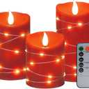 Flameless Candle Battery Powered Embedded Light String LED Candle 11 Key Remote Control and Timer Function Flashing Flame Candle 3-Piece Set (red) (Red-bevel-2A)