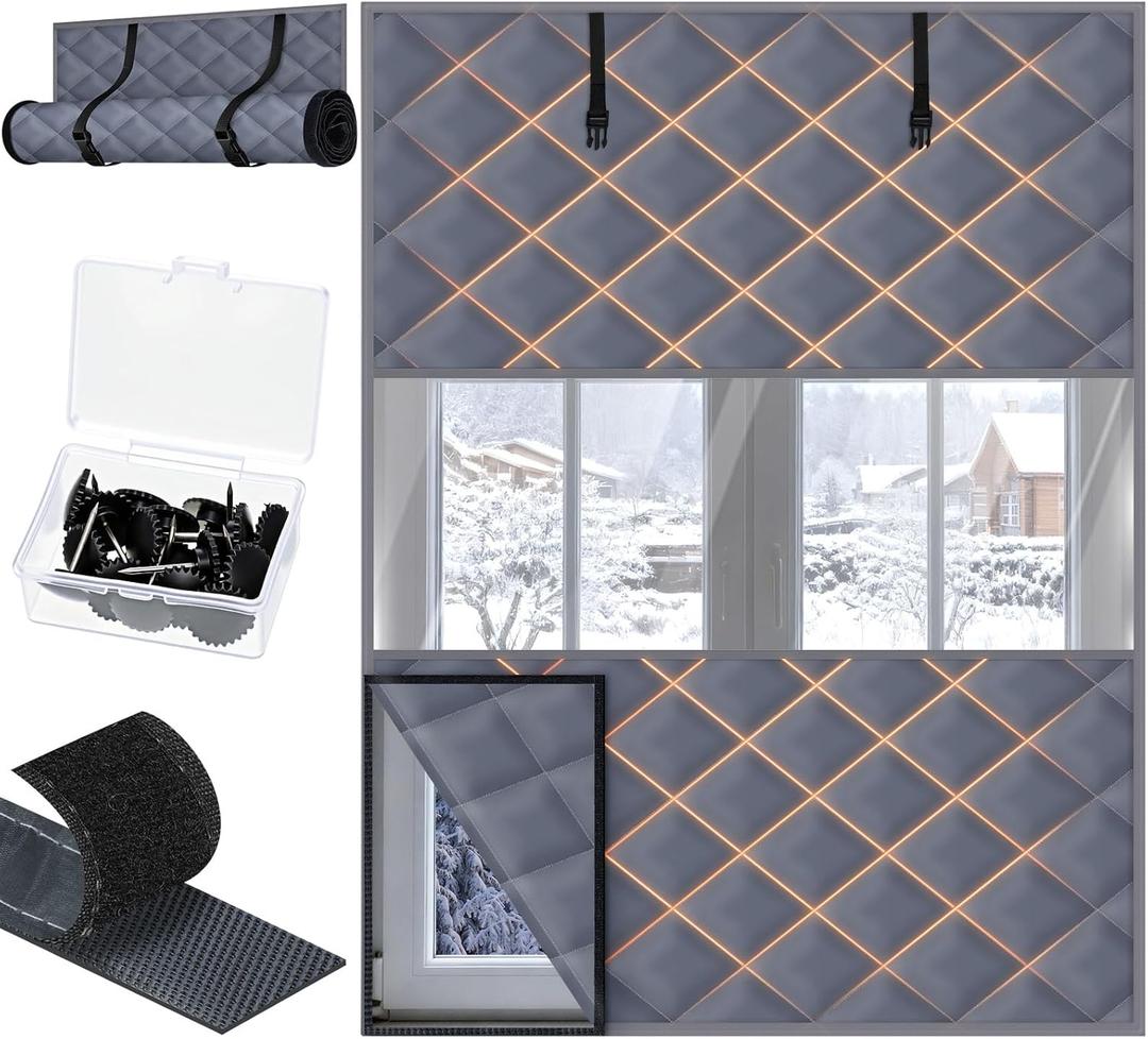 Fanfanwin Window Insulation for Winter 63" x 39 " Thermal Insulated Window Cover with Fastener Winter Insulation Kit for Cold Weather, Oxford Cloth 2 Layer Thick Cotton Filled(Gray, 1 Set)