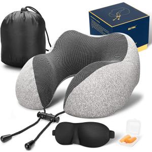 MLVOC Travel Pillow 100% Pure Memory Foam Neck Pillow, Comfortable & Breathable Cover, Machine Washable, Airplane Travel Kit with 3D Sleep Mask, Earplugs, and Luxury Bag,Standard (Grey)