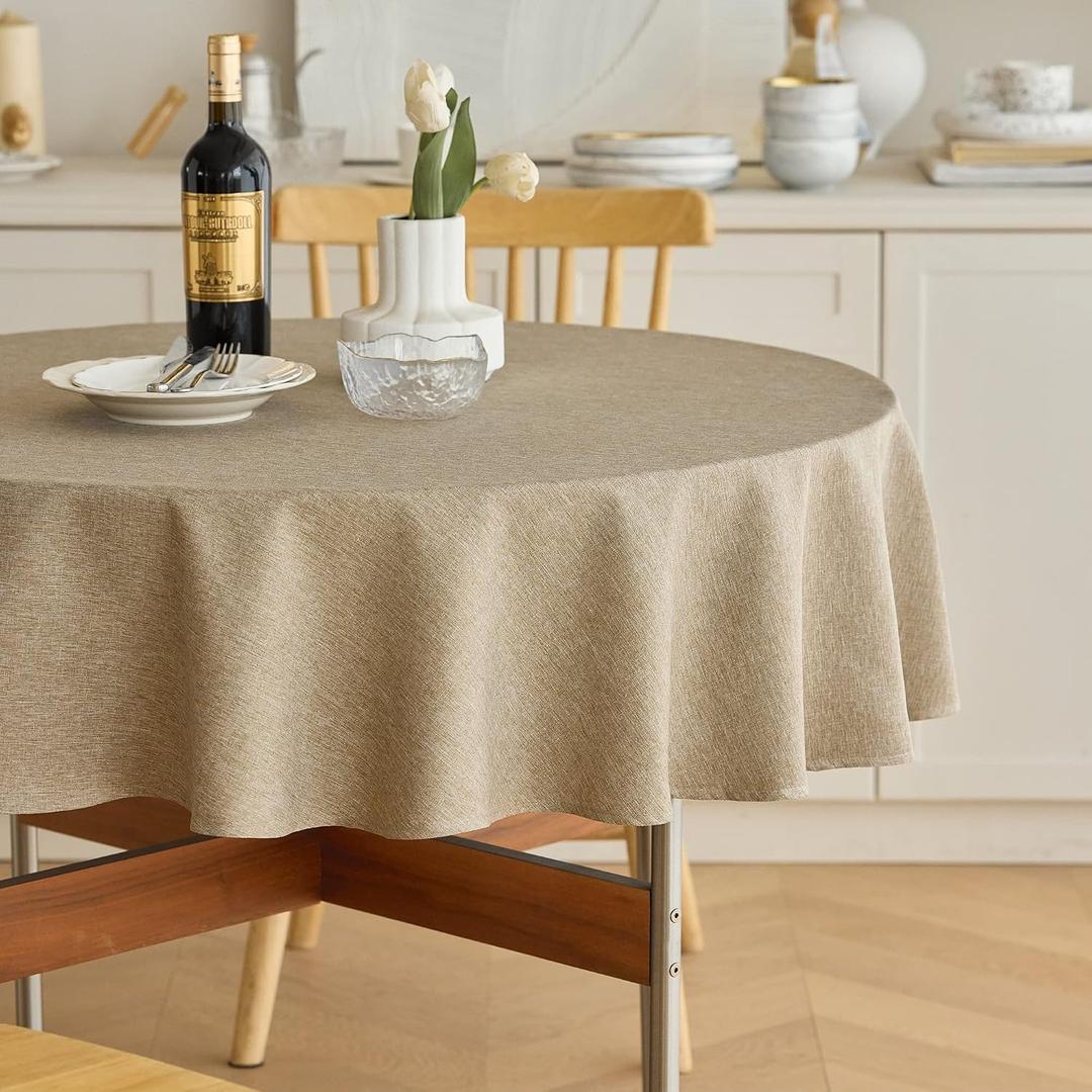 Decorelia Waterproof Faux Linen Farmhouse Round Table Cloth for Indoor/Outdoor, Decorative Rustic Fabric Tablecloth Cover for Party Picnic Dining & Kitchen Table (60 Inch, Natural)