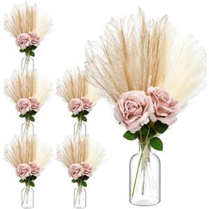 Pickmesh 78 Pcs Dried Flowers Bouquet with Vase, 16.5'' Tall Natural Dried Pampas Grass Bulk Boho Bridal Bouquet Bridesmaid Table Centerpieces for Boho Farmhouse Wedding Home Decor (Artificial Rose)