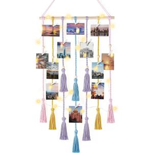 Mkono Hanging Photo Display Boho Macrame Wall Decor with Light, Teen Girl Teenage Gifts, Pictures Cards Frame Holder Art Hanger for Christmas Birthday Party Bedroom Dorm, with 30 Wood Clips, Multi