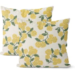 Mustard Yellow Outdoor Pillow Covers 22x22 Inch 2 Pcs Green Hydrangea Flower Decor Throw Pillows Spring Summer Seasonal Vintage Floral Decoration Pillowcase Linen Cushion Cover for Couch Sofa