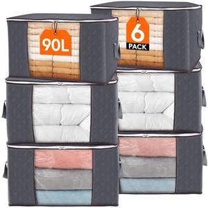 Lifewit 90L Large Storage Bags, 6 Pack Closet Organizers and Storage, Clothes Storage Bins with Lids, Foldable Storage Containers with Reinforced Handles for Clothing, Blanket, Bedding, Comforter Gray