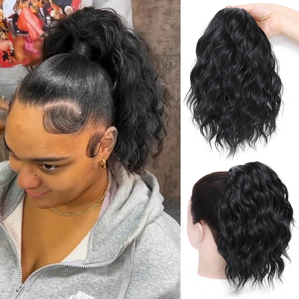 Ponytail Extension,12 Inch Drawstring Ponytail Hair Extensions for Women Synthetic Curly Wavy Fake Pony Tails Hair Pieces for Daily Party Use (Black)