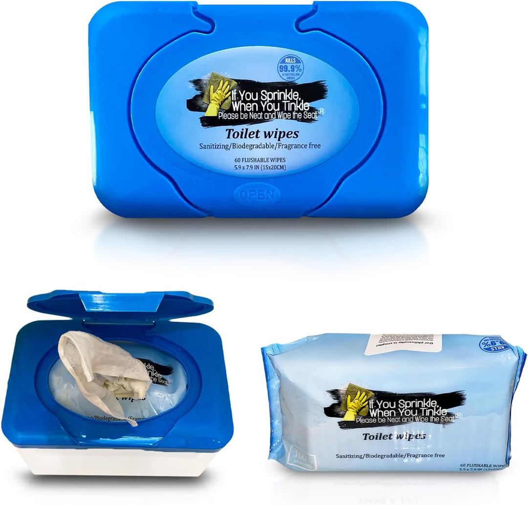 Wipe Dispenser & Toilet Wipes  60 Count, Multipurpose Flushable Wipes, Aloe Extract, Unscented, Easy-to-Use with Pop Up Dispenser, Septic Safe, Perfect for Potty Training & Bathroom Hygiene