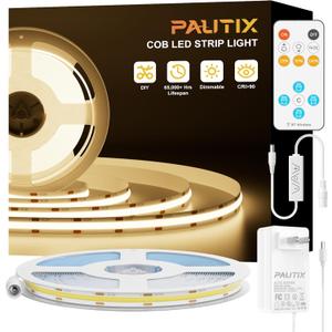 PAUTIX COB LED Strip Light 16.4ft,Engineering Level UL Listed Warm White 3000K,CRI93+ Super Bright High Lumen,Dimmable 24V Flexible LED Tape Light with RF Remote,for Cabinets,Home&Office DIY Lighting