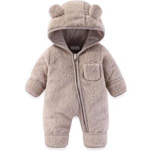 Newborn Baby Bear Outfit With Fold-Over Mittens and Footies Girls Boys Winter Fleece Clothes Hooded Romper Snowsuit (0-3 Months, Beige Grey)